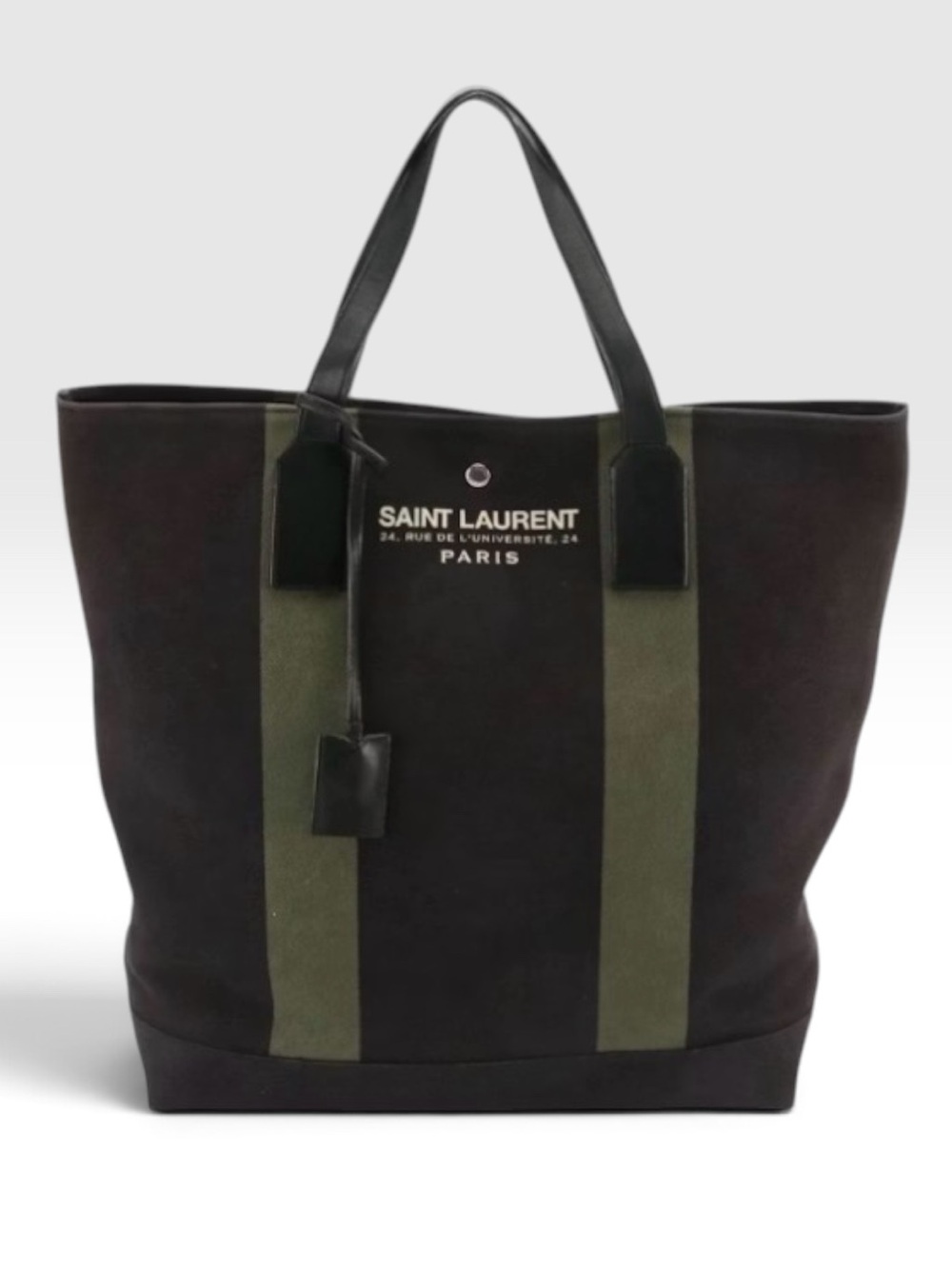 Saint Laurent Beach Shopping East West Canvas Tote Black Olive + Dust Bag